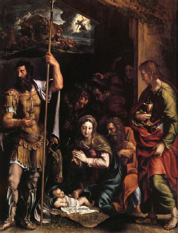 Giulio Romano La nativite de l'enfant jesus avec l'adoration des bergers entre Saint Jean l'Evangeliste et Saint Longin oil painting image